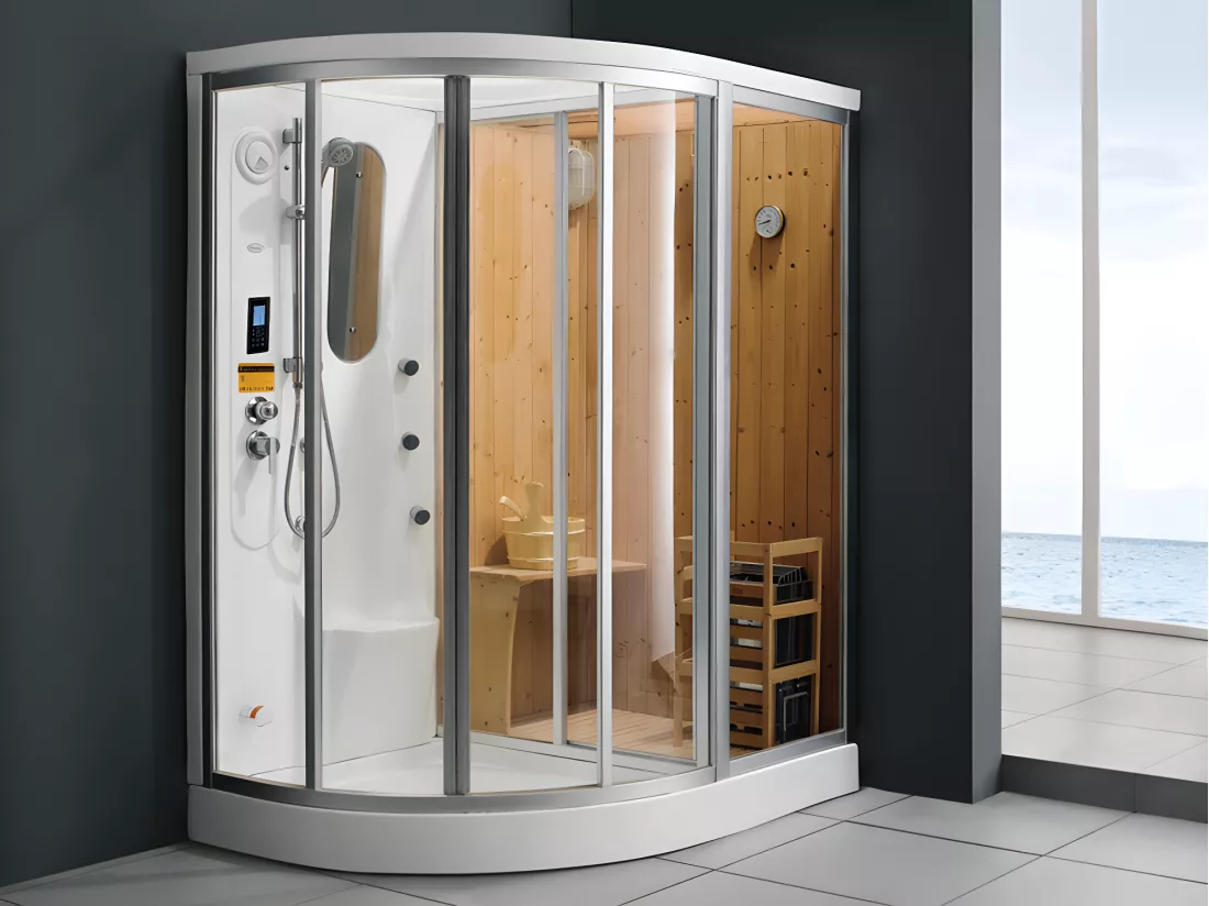 Cabine de douche intégrale d'angle HAUMEA fonction Hammam et Sauna - l157xP110xH215cm- Angle droit