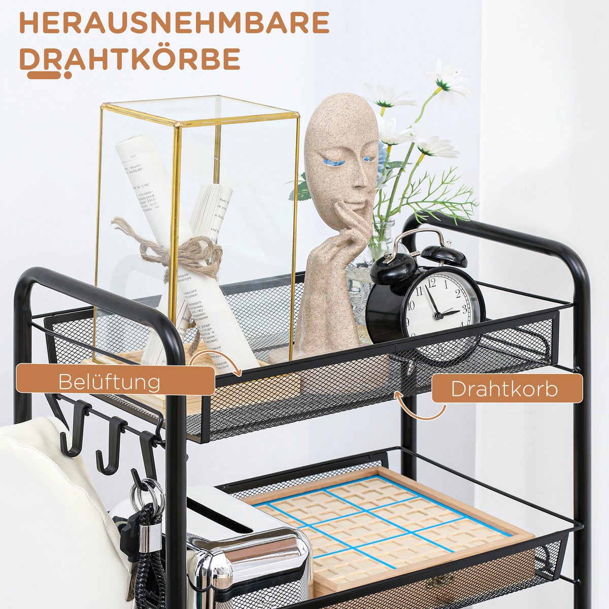 HOMCOM Rolwagen, Serveerwagen met 4 Planken, 5 Manden, Opbergwagen met Handvat, Keukenwagen voor Keuken, Woonkamer, Staal, Zwart