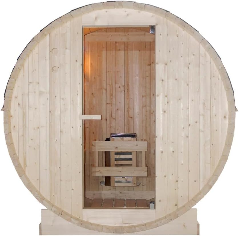 SANOTECHNIK Outdoor Fasssauna TROMSÖ M – 2 Personen Gartensauna aus Fichtenholz, Harvia Saunaofen 3,6 kW, ESG-Glas, Asphaltdach, 189×120×191,5 cm, F50120