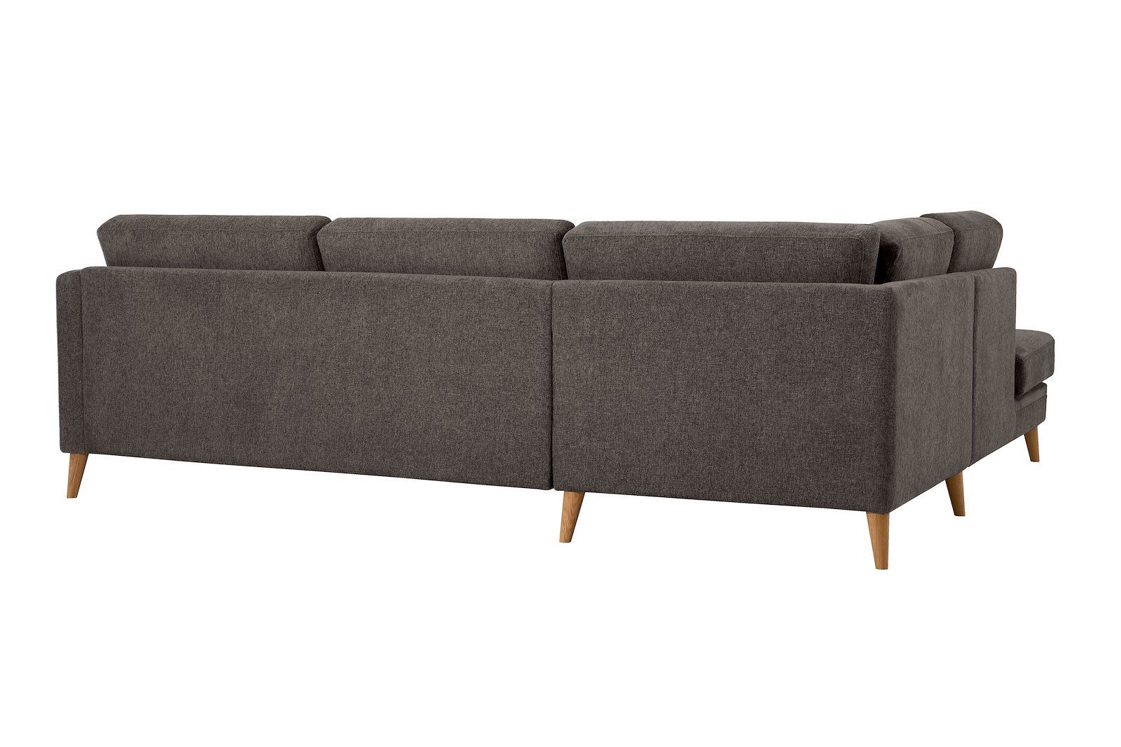 Eden hjørnesofa 2,5-seter med åpen ende høyre. Tekstil Thor 5 Brown med ben i eik natur (15137).