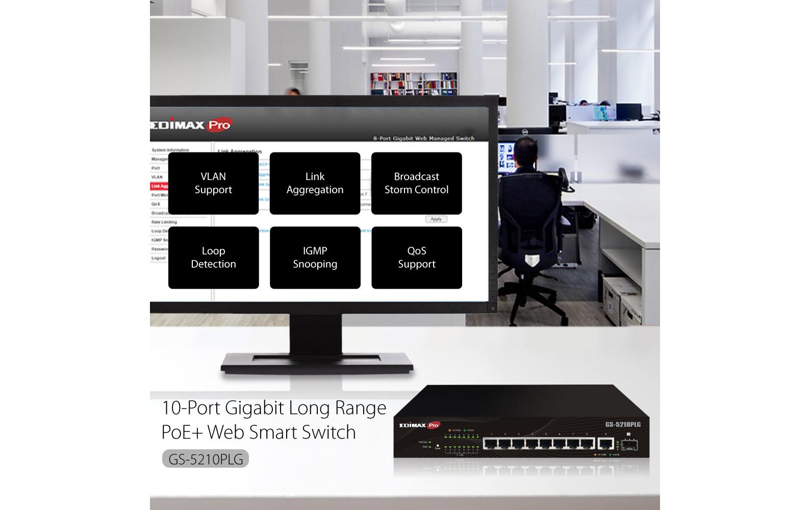 PoE+ Switch GS-5210PLG 10 Port<br>10-Port Gigabit PoE+ Web Smart Switch für Langstrecken mit 1 SFP-Port