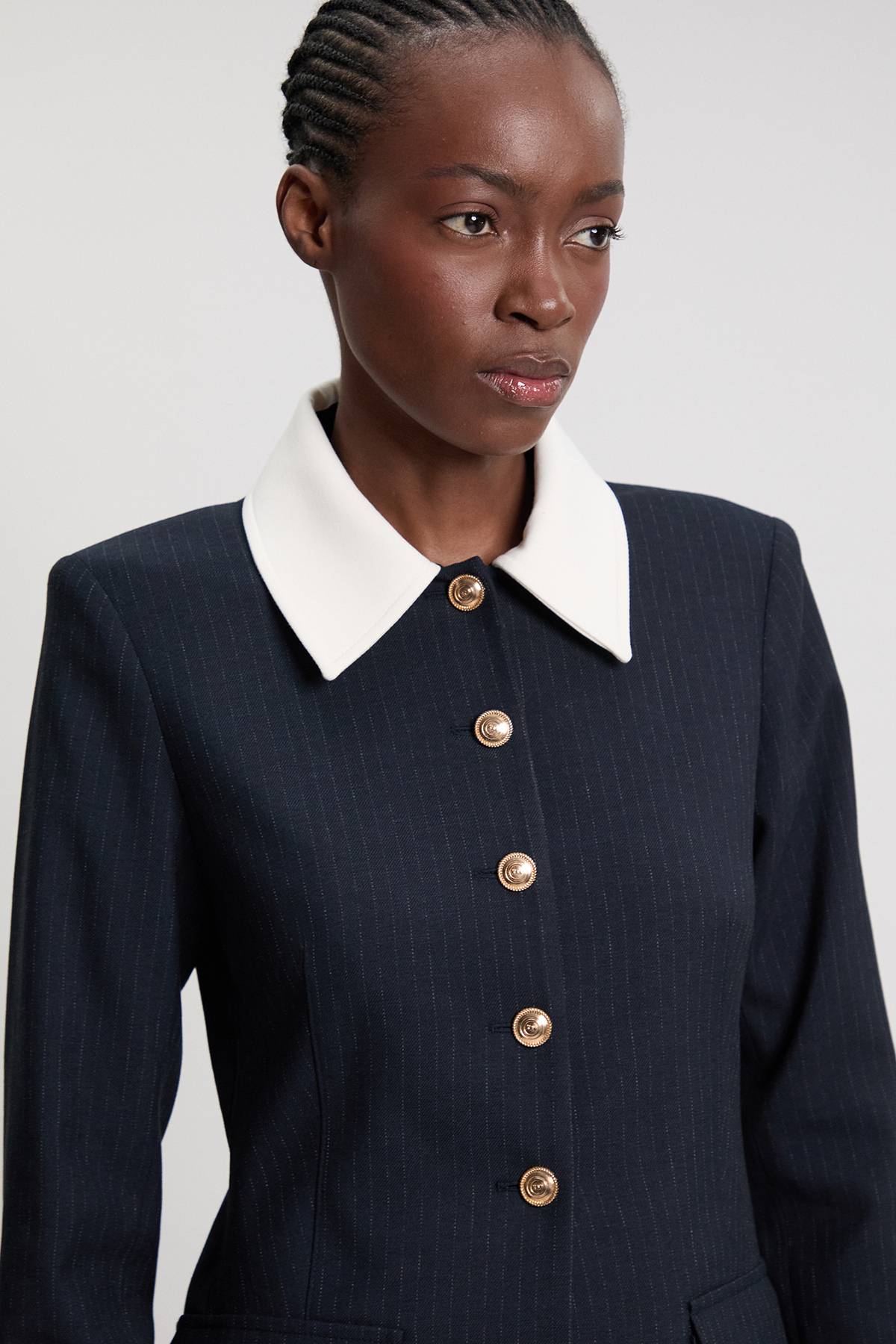 KarenMillen Veste Cintrée À Rayures Tennis Col Montant Simple Boutonnage
