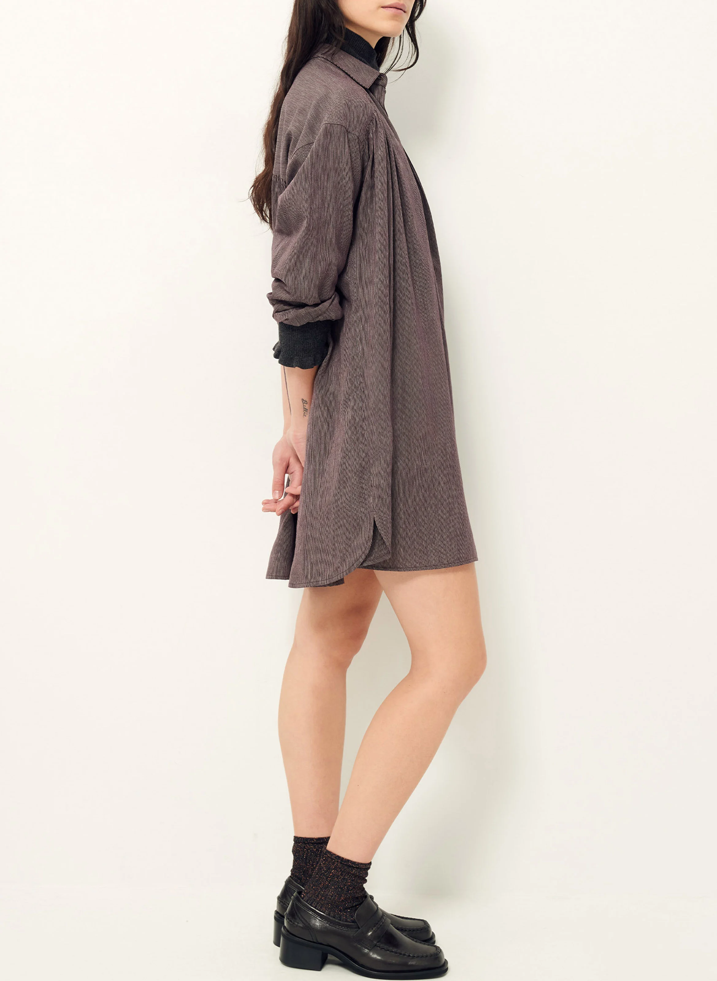 OKAYAMA - Robe chemise courte froncée rayée | Marron