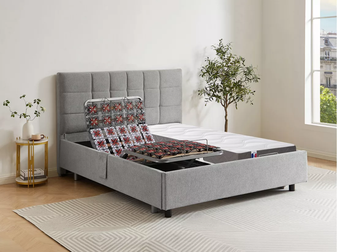 Lit électrique de relaxation déco tout plots + matelas 100% latex 3 zones - 2 x 80 x 200 cm - Tissu - Gris - JOFAR de YSMÉE