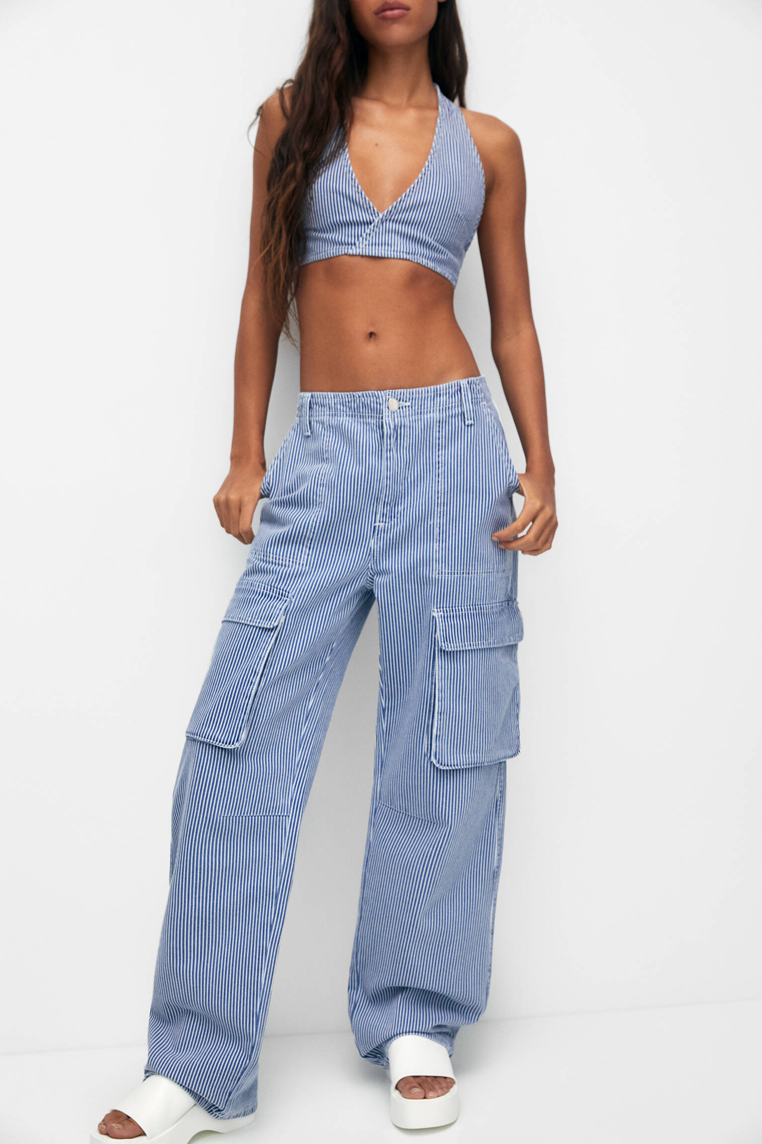 Calça cargo listrada - azul/branca