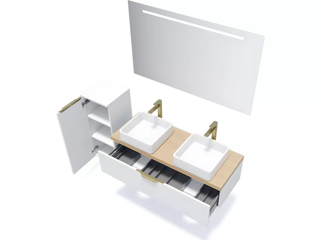Meuble de salle de bain suspendu 2 vasques à poser 120cm 1 tiroir Blanc - Venice
