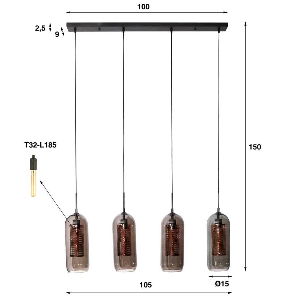 Industriële hanglamp Amy 4-lichts cilinder brons / Smoke grey 15x105x150 cm