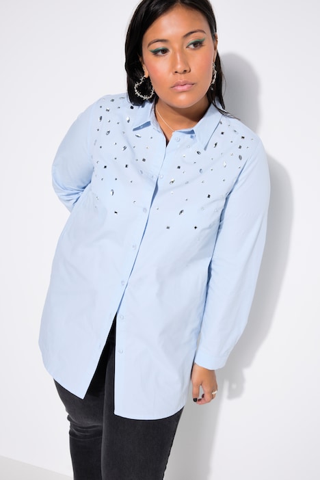 Hemdbluse, gerade, Ziersteinchen, Langarm