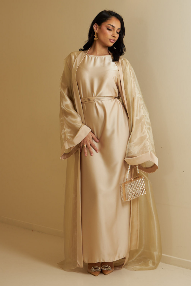 Ensemble 2 pièces abaya + kimono ceinturé beige