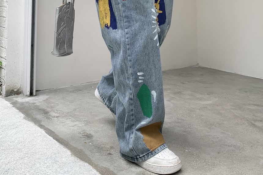 Cerauno - High Waist Brush Print Washed Distressed Wide Leg Jeans