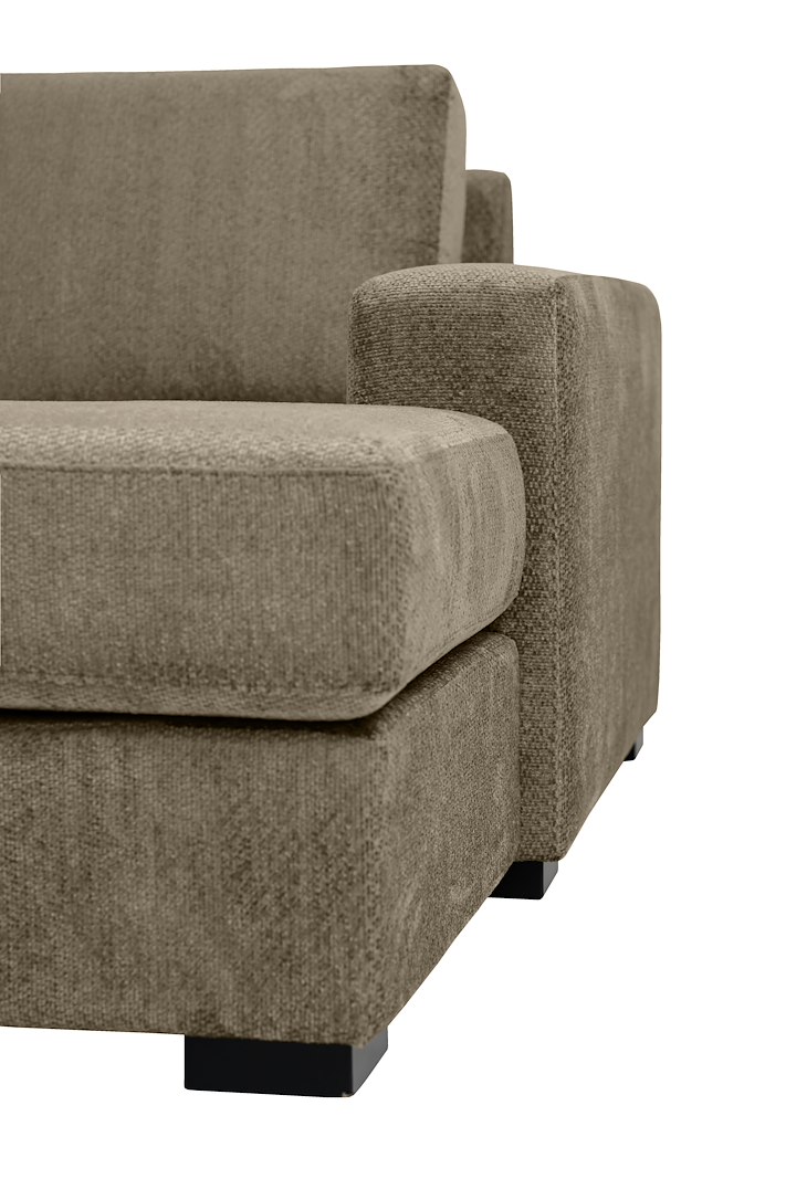 Modern Living U-sofa Cosy Corner venstre og 2-seter med sjeselong høyre.Tekstil Movie 13/1 Light Khaki med Arm A og ben 2 sortbeiset eik.