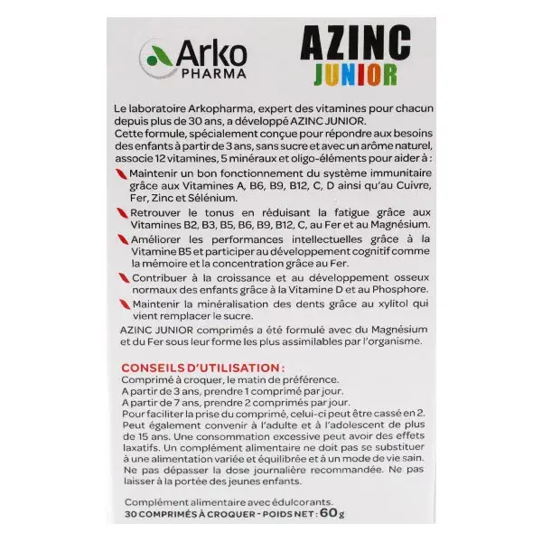 Arkopharma Azinc Vitalité Junior Goût Fraise 30 comprimés
