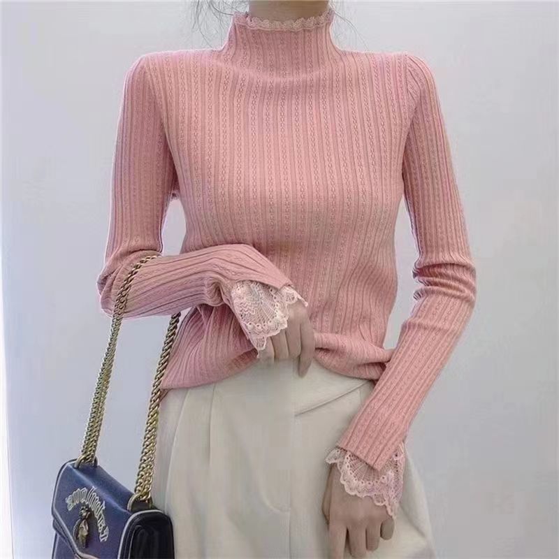 Onipixiy - Top met lange mouwen, geribbelde gebreide top met effen kant en een mockneck