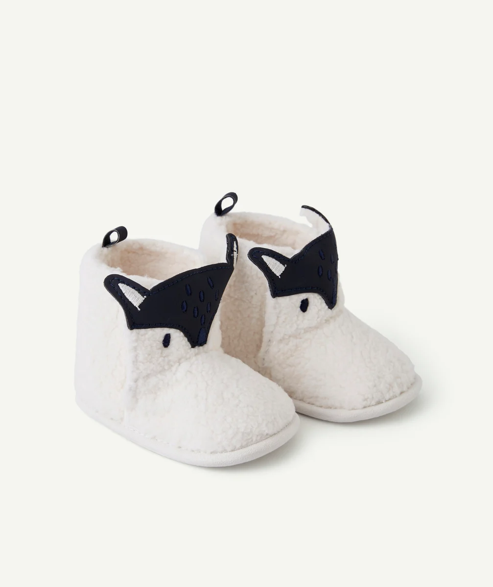 CHAUSSONS MONTANTS BÉBÉ GARÇON EN SHERPA ÉCRU AU MOTIF RENARD