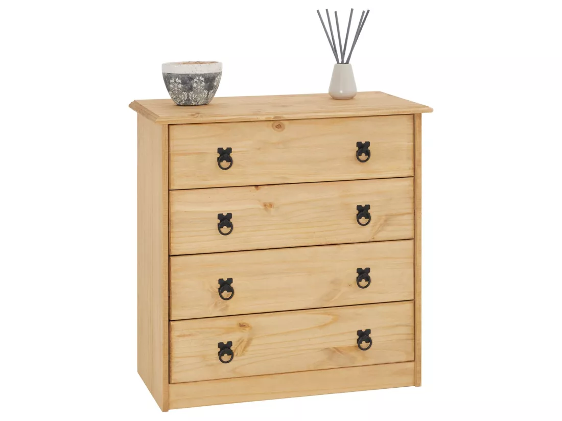 Commode en pin BARRIO 4 grands tiroirs buffet bahut vaisselier en bois style mexicain, finition teintée et cirée