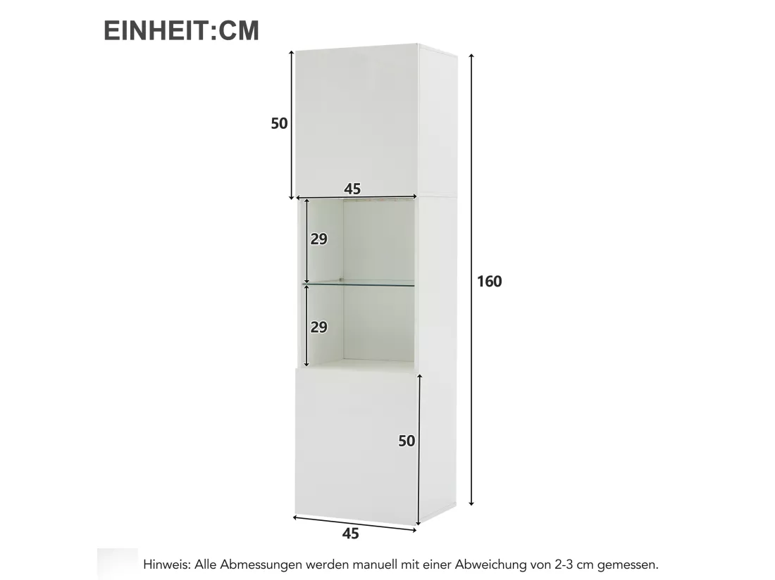 Vitrine 45x35x160cm - avec 2 ports - avec éclairage LED - 1 étagère en verre - blanc