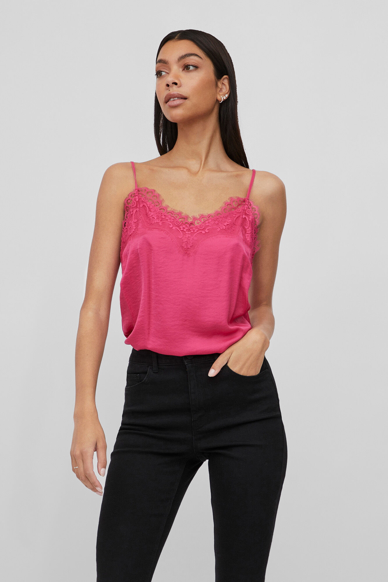 Top Vila de cetim com renda - Rosa