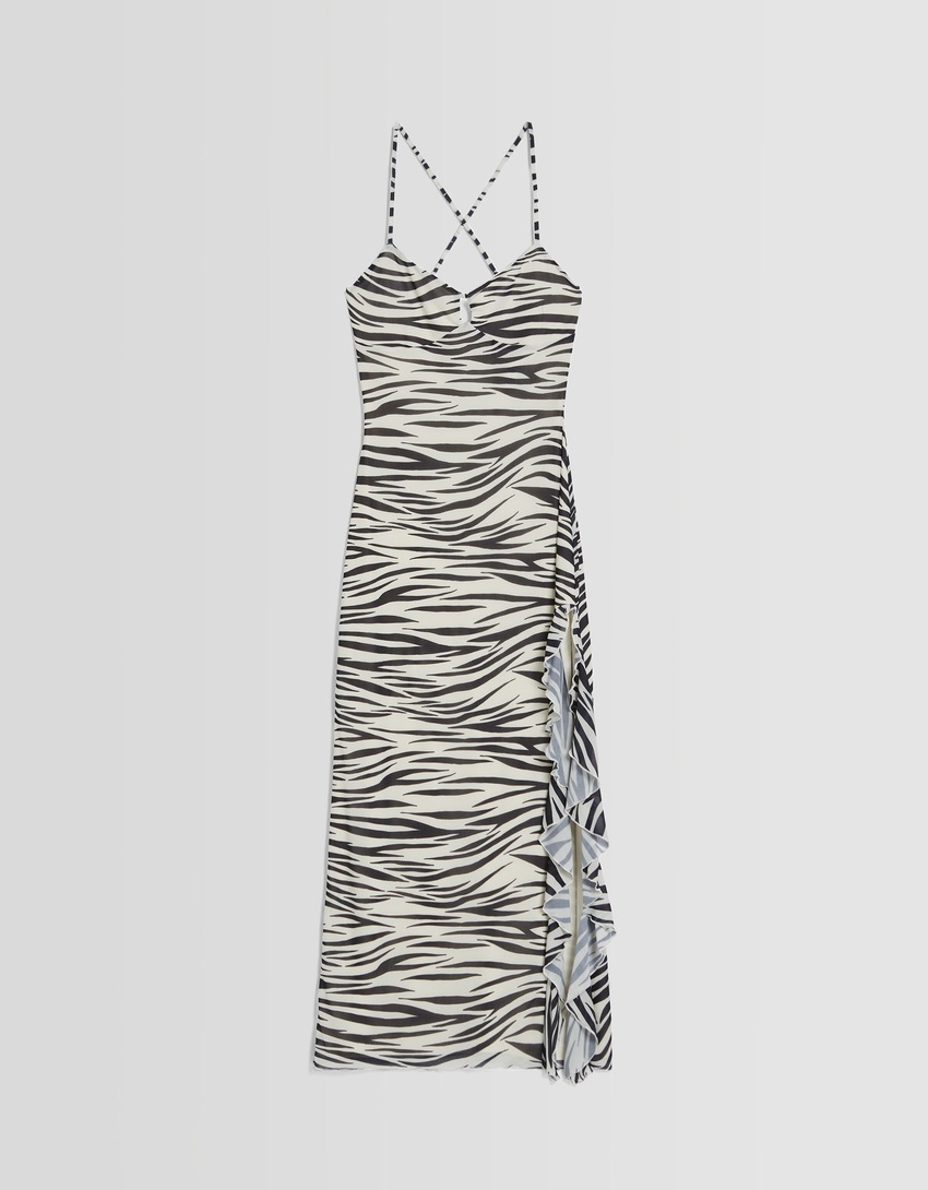 Vestido midi de tule com babados e alças finas