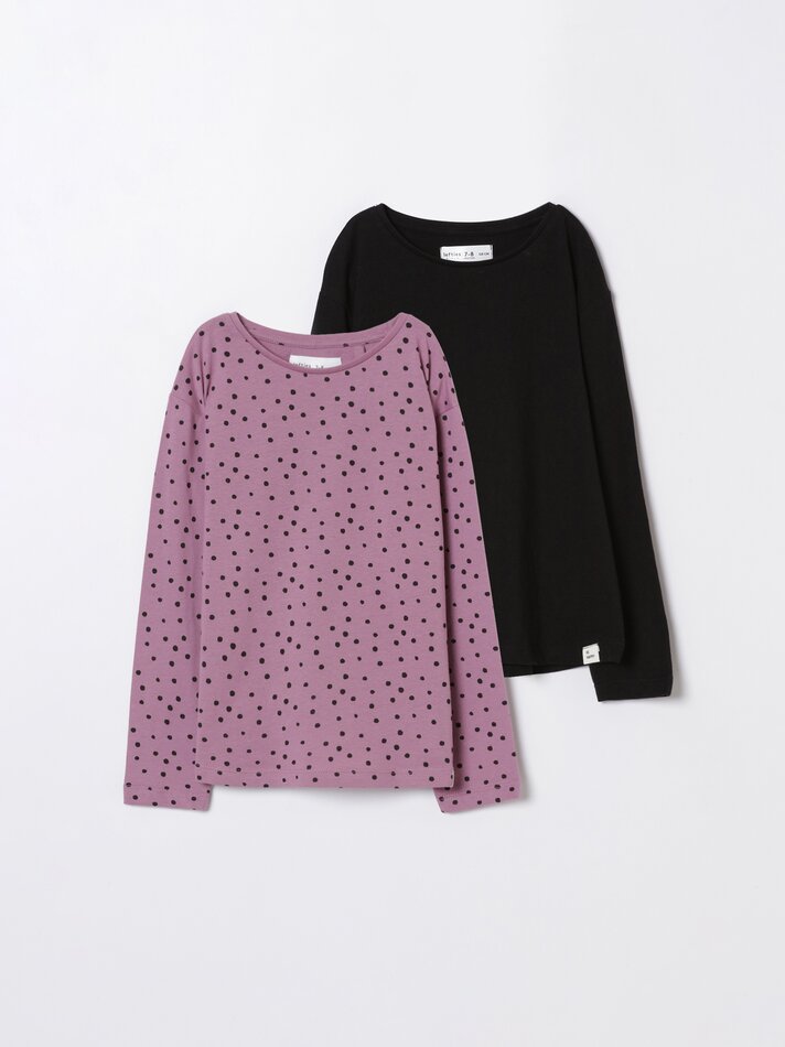 Conjunto com 2 camisetas de manga comprida lisas e estampadas - Pretas