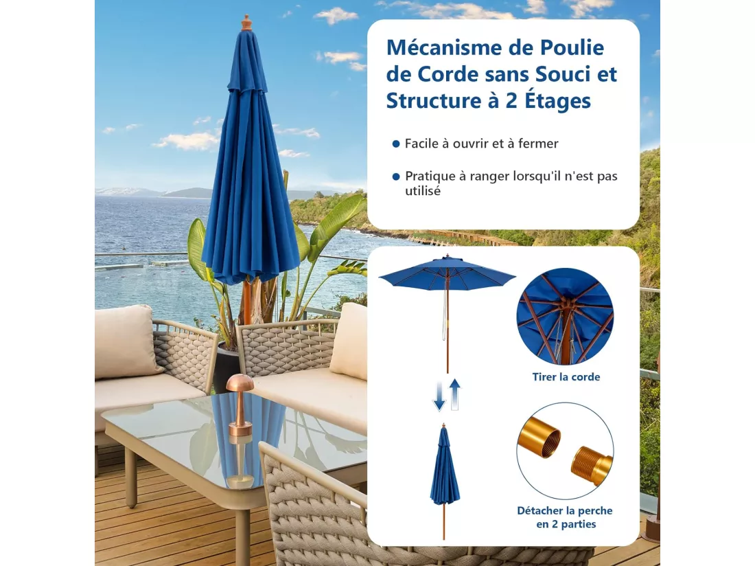 Parasol de Jardin Pliable 2,9M avec Mécanisme de Poulie à Corde Poteau en Bois 8 Baleines en Fibre de Verre pour Cour, Bleu