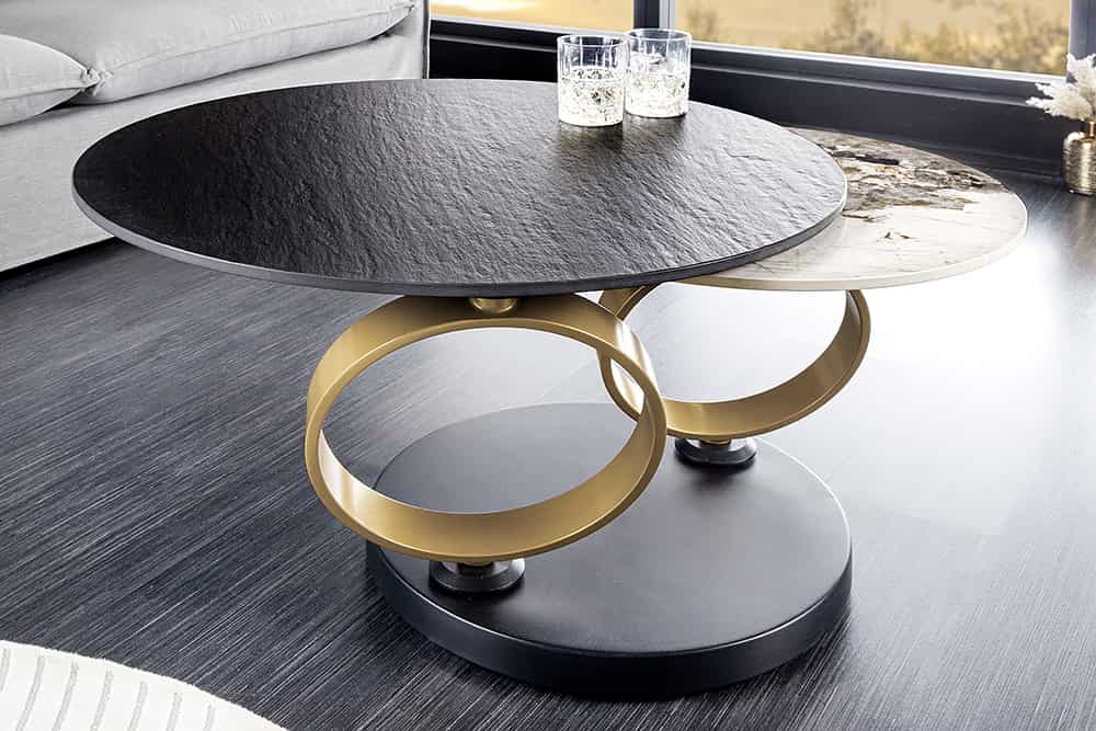 Design Couchtisch DANCING RINGS schwarz rund drehbar Pandora Keramik schwarz Metall