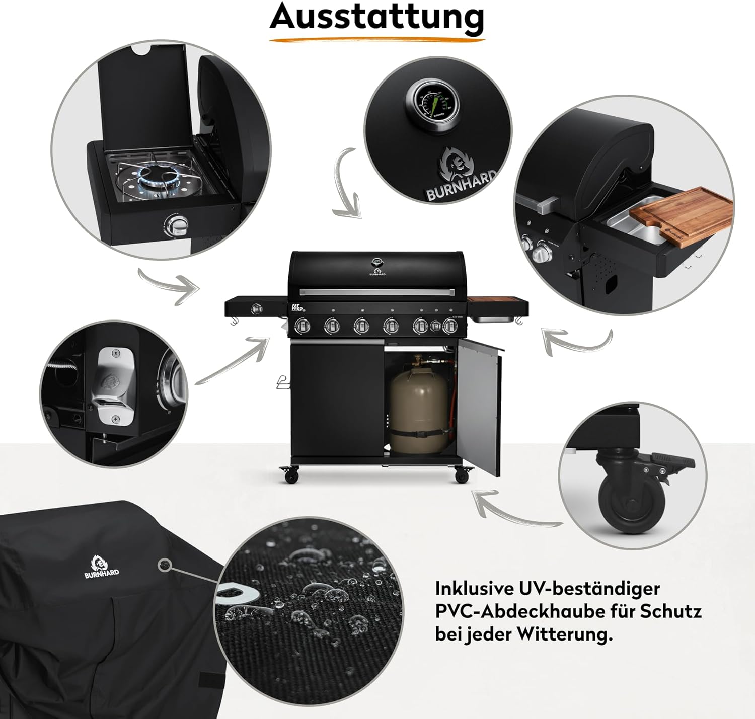 BURNHARD® Gasgrill 6-Brenner inkl. BACKBURNER, 900°C Infrarot-Keramikbrenner, Seitenkochfeld, Gusseisen-Grillrost, Grillabdeckung, Grillwagen, klappbare Seitentische, Schwarz – Fat FRED Deluxe