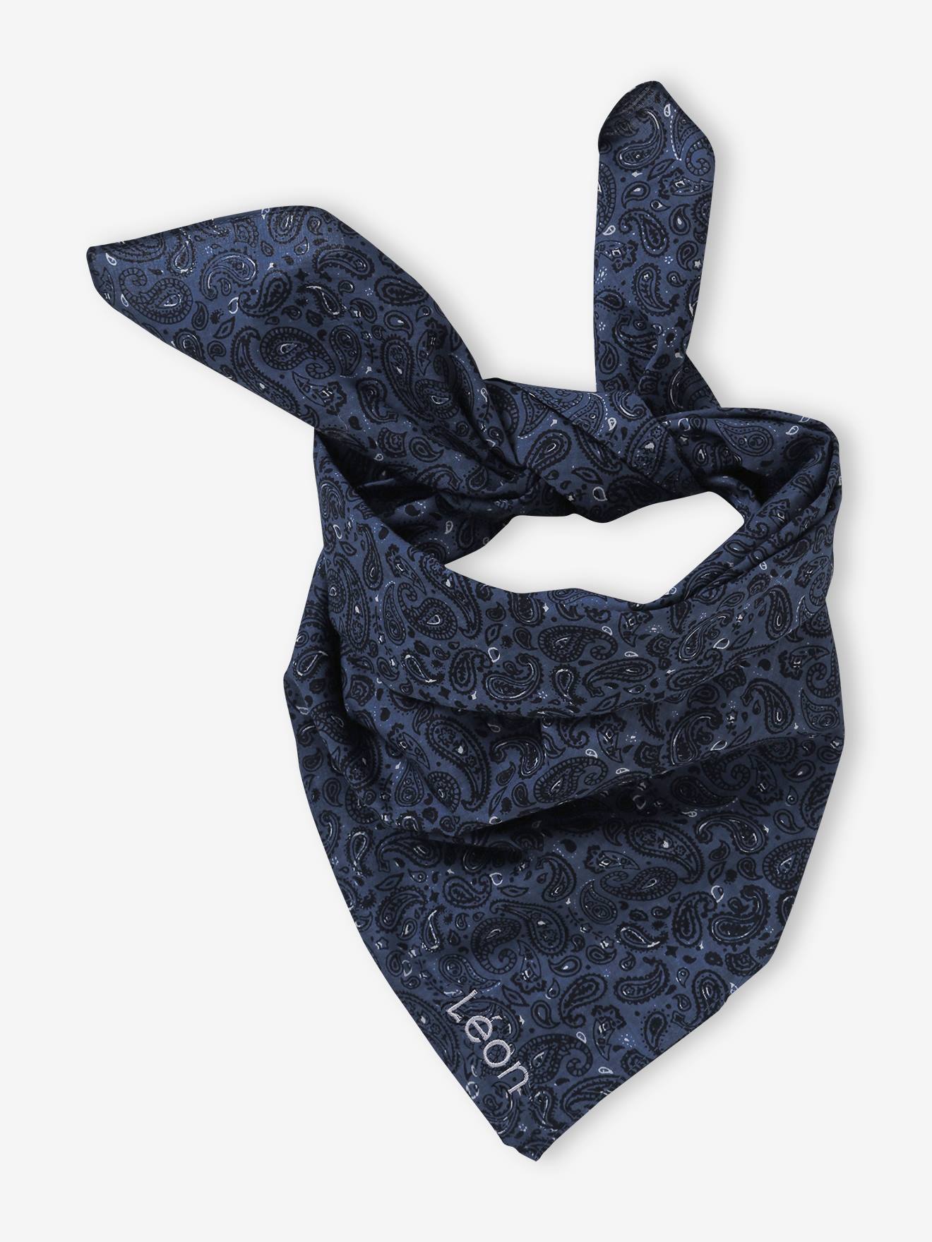 Cachecol personalizável, com estilo bandana, para menino na cor azul marinho.