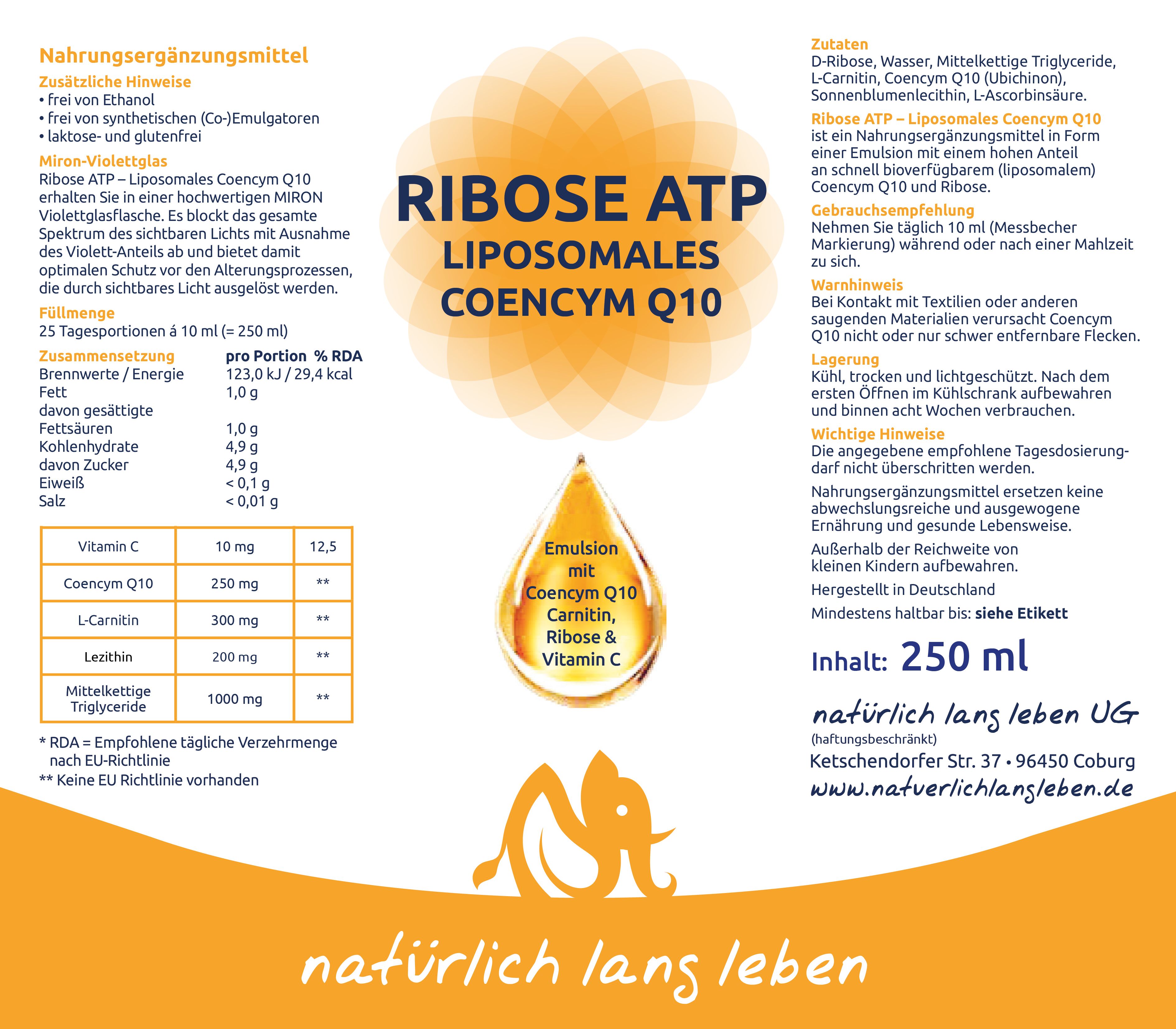 natürlich lang leben Liposomales Coenzym Q10 - Ribose ATP