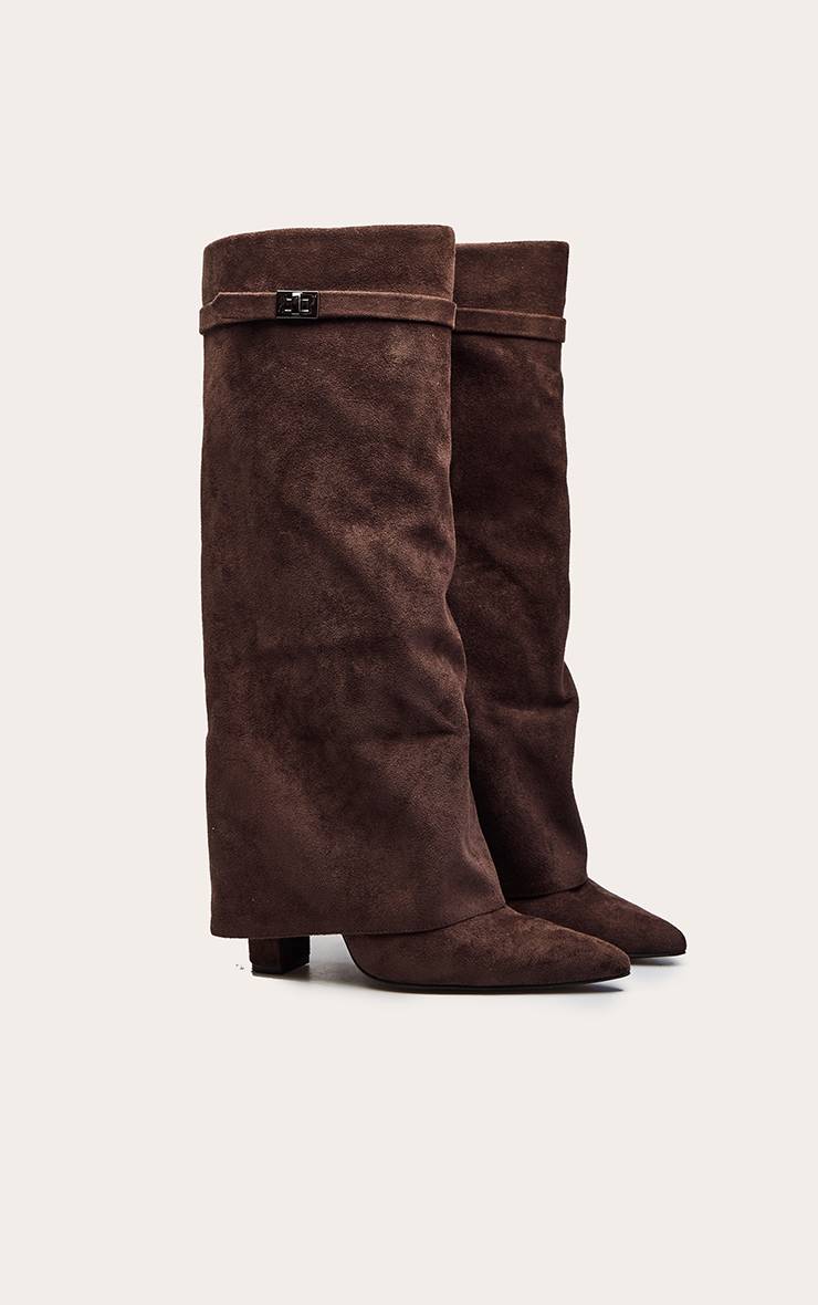 Chocolat Botte Haute À Talon Bloc En Faux Suède À Bout Pointu Avec Revers