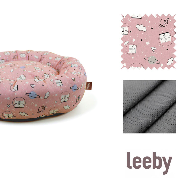 Cama em formato de donut com estampa de quadrinhos antiderrapante da Leeby para gatos, rosa.