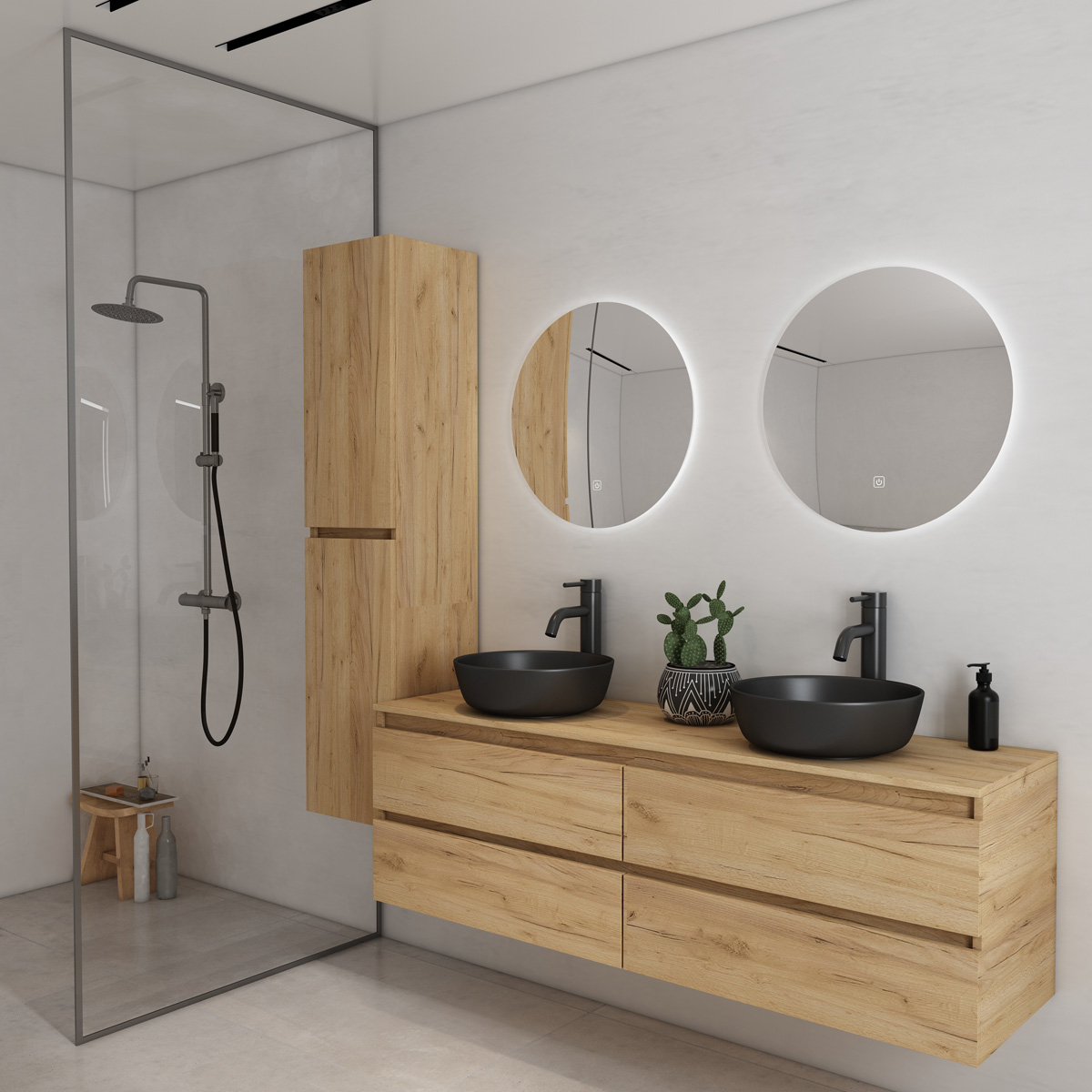 Fontana Proma badkamermeubel 160cm met zwarte waskommen en LED spiegels warm eiken