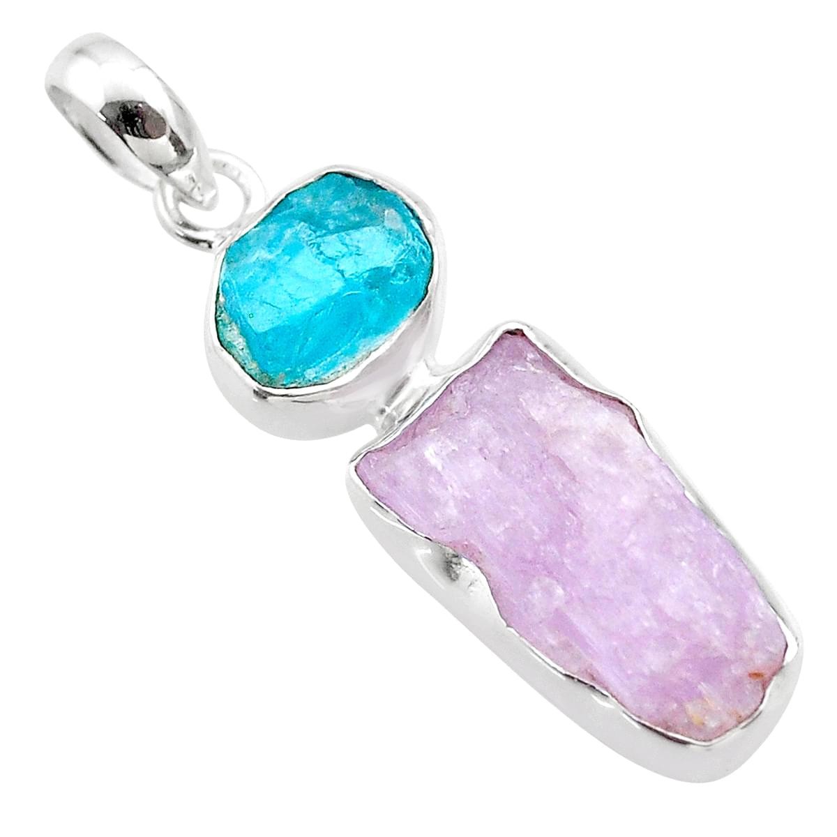 Pendentif fantaisie serti d'1 kunzite et d'1 apatite brutes en argent + chaine 3cm gxi209