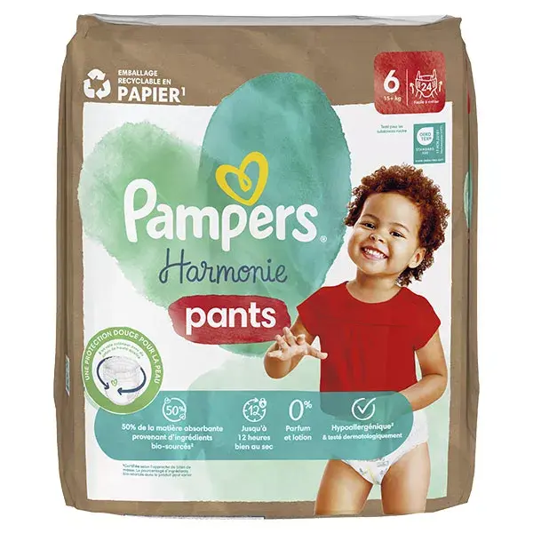 Fraldas Pampers Harmonie Pants Tamanho 6 (15+ kg) com embalagem de papel reciclável