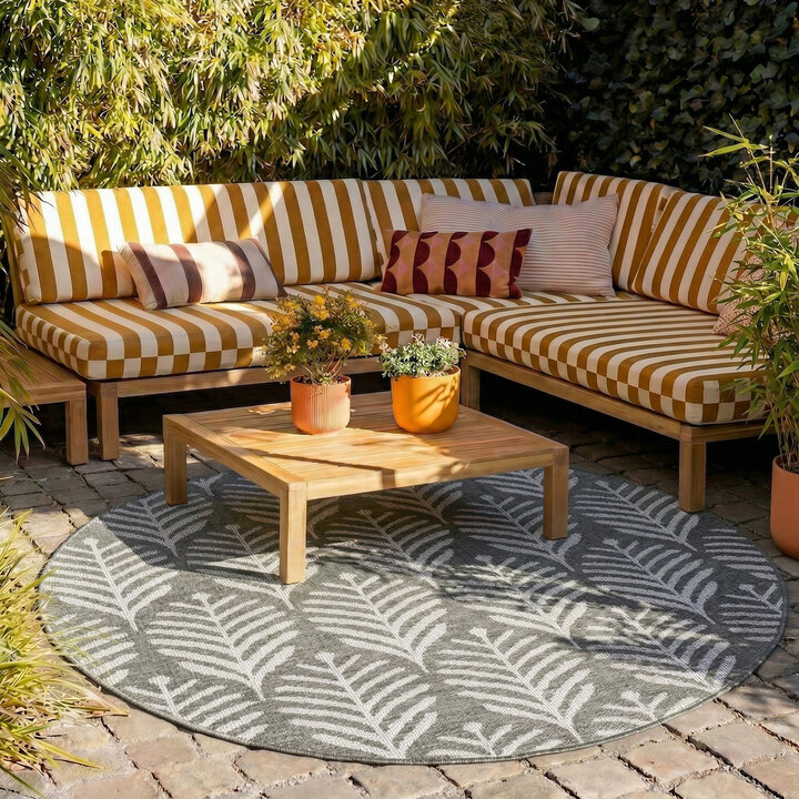 Rond buitenkleed - Summer Leaves Grijs | Botanisch