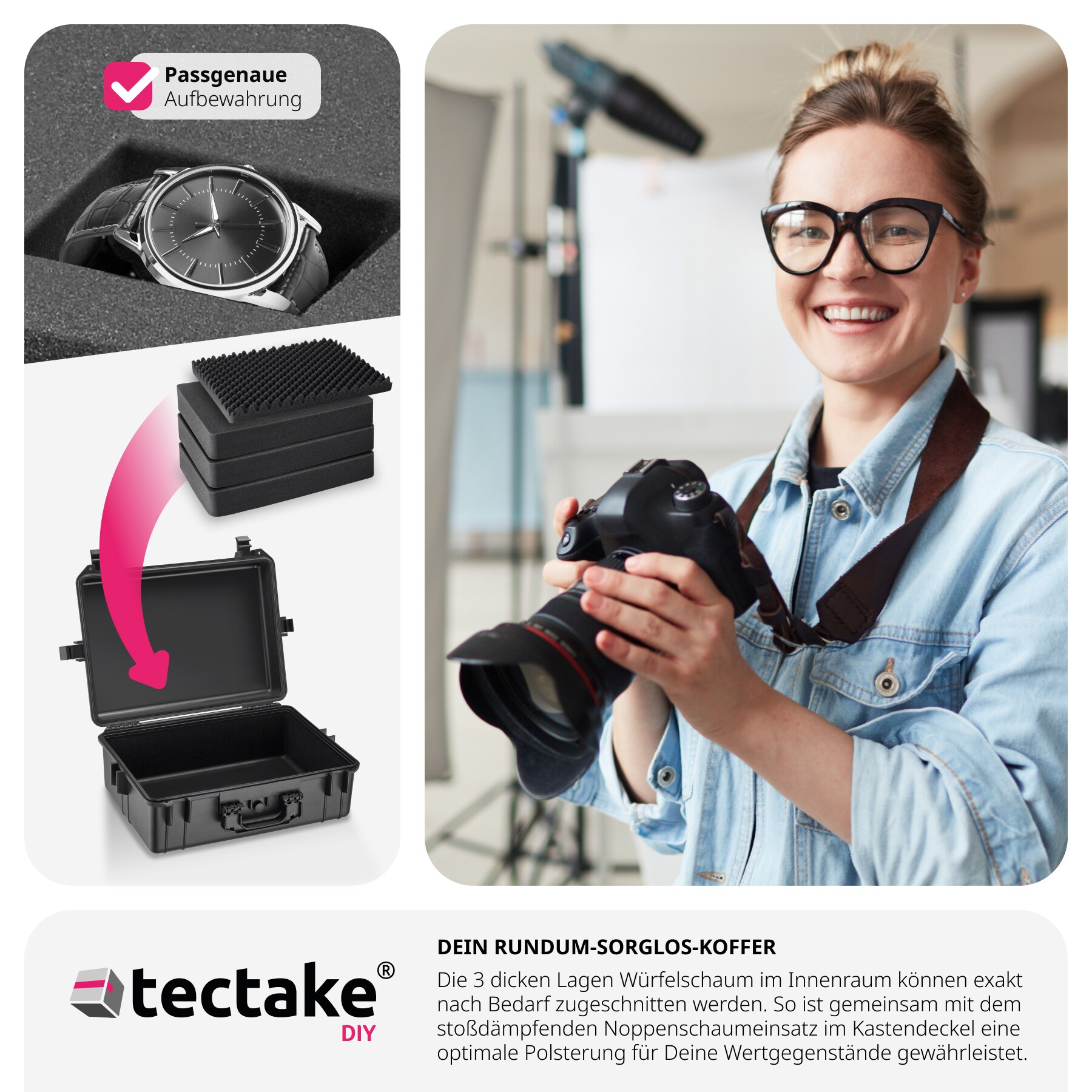 tectake® Fotokoffer, aus robuster Hartschale mit 4 dicken Schaumstoffeinlagen, wasserdicht und temperaturbeständig, 56 x 42 x 21 cm