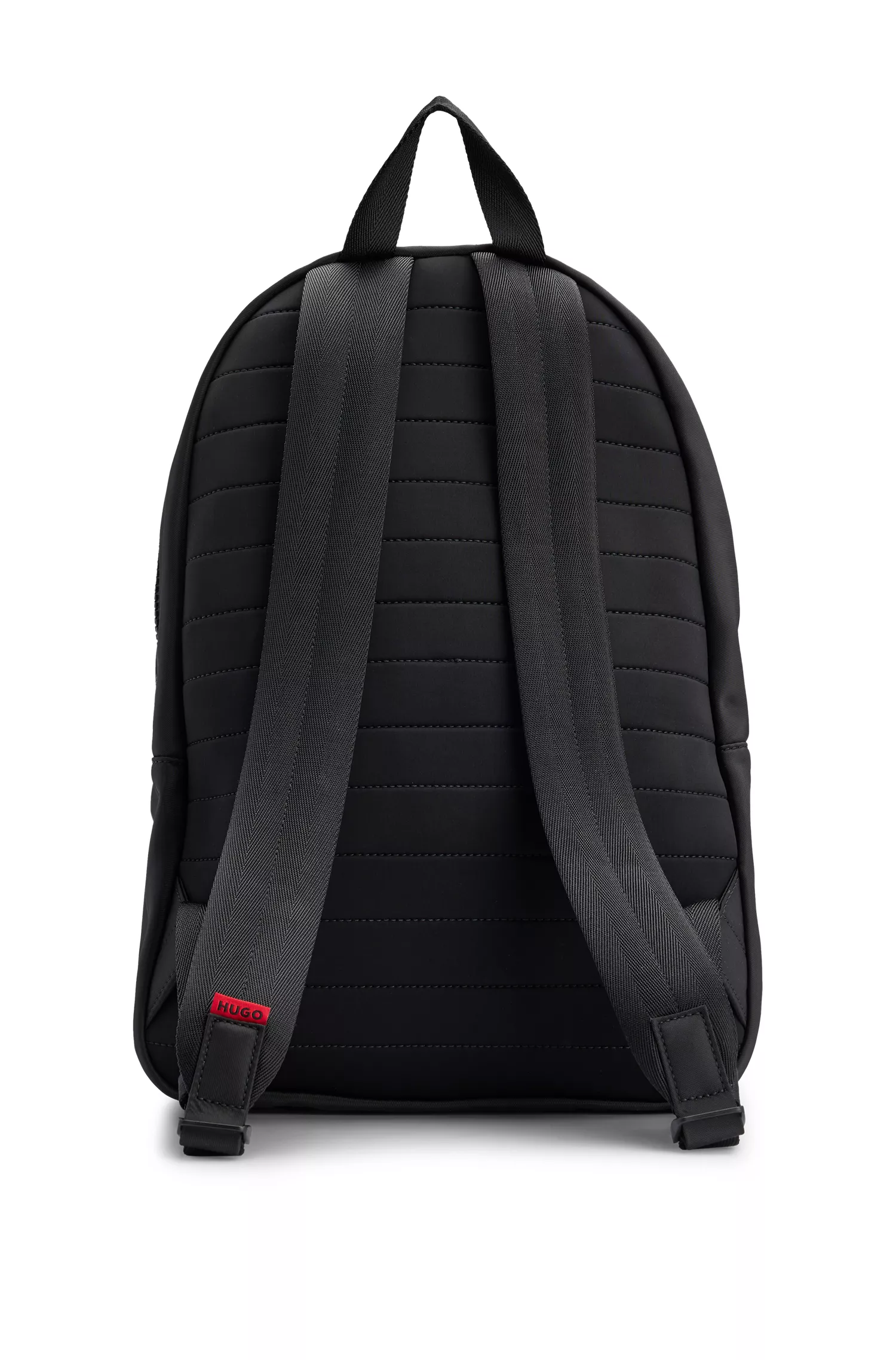 Mochila HUGO vermelha com etiqueta de borracha vermelha com o logotipo e alça superior.