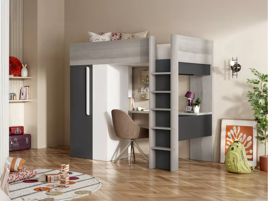 Lit mezzanine 90 x 200 cm avec armoire et bureau - Anthracite et blanc - NICOLAS II