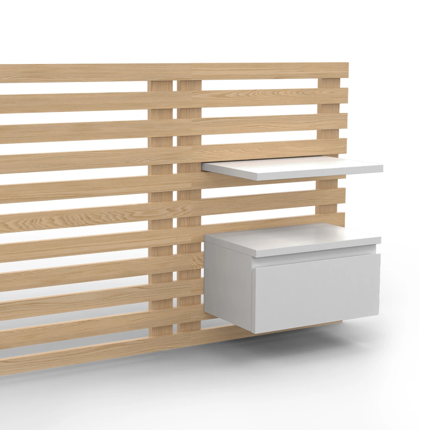 Tête de lit suspendue en lattes AVA 240 cm avec chevets + tiroir façon bois clair et blanc