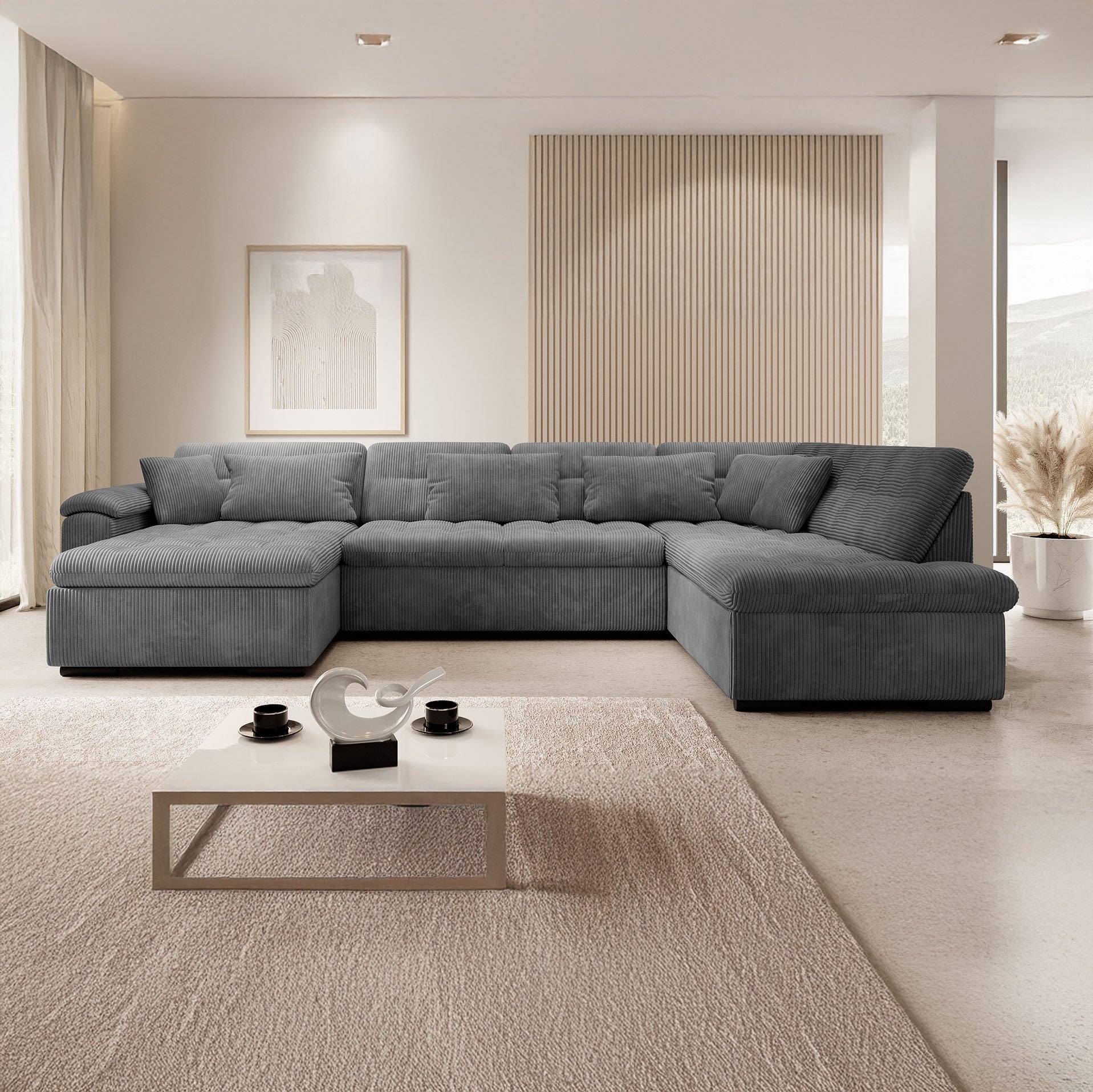Nicoreta - Hoekbank 5-zits met chaise longue - Ribstof donkergrijs - Links