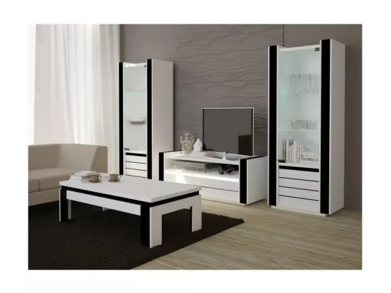 Table basse LINA blanche et noire brillante – 125 x 42 x 65 cm