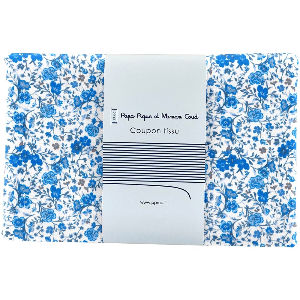Coupon Tissu 1 M Fleuri Bleu Crème Ex1058
