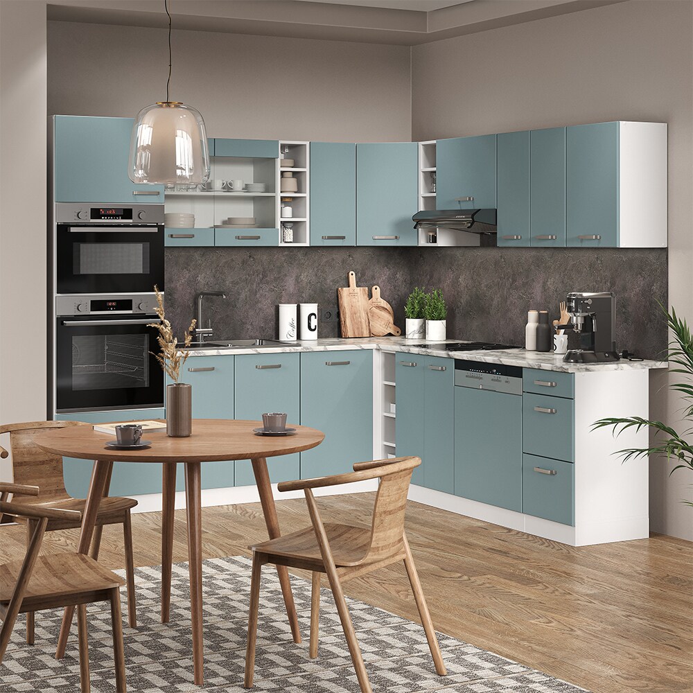 Vicco Eckküche R-Line Solid Weiß Blau Grau 247x237 cm modern Küchenschränke Küchenmöbel