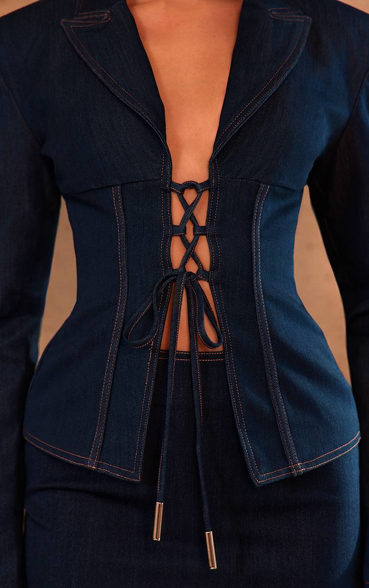 Bleu Blazer Corset En Denim Ajusté À Lacets PLT Label
