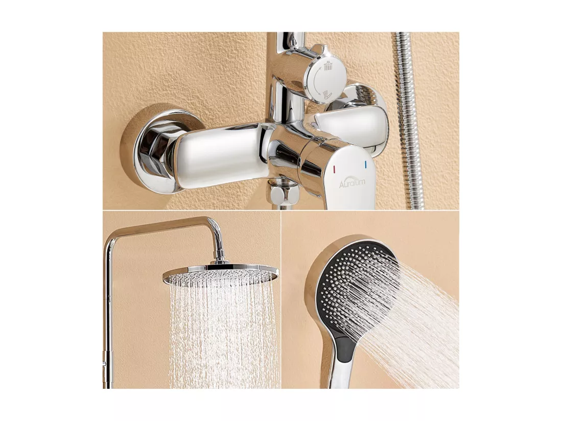 Auralummax Colonne Douche Chromé,avec Mitigeur,Réglable Hauteur 103-139 cm,avec Douchette 3 Jets+Ensemble Salle Bain Accessoire 6 Pièces,Inox,Brossé