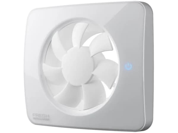 Ventilator Fresh 100TH med 2 hastigheder ved fugtkontrol, timer 15 min., snortræk og vindstop. Luftmgd. 88 m³/h. Mål 160x190/Ø100mm.
