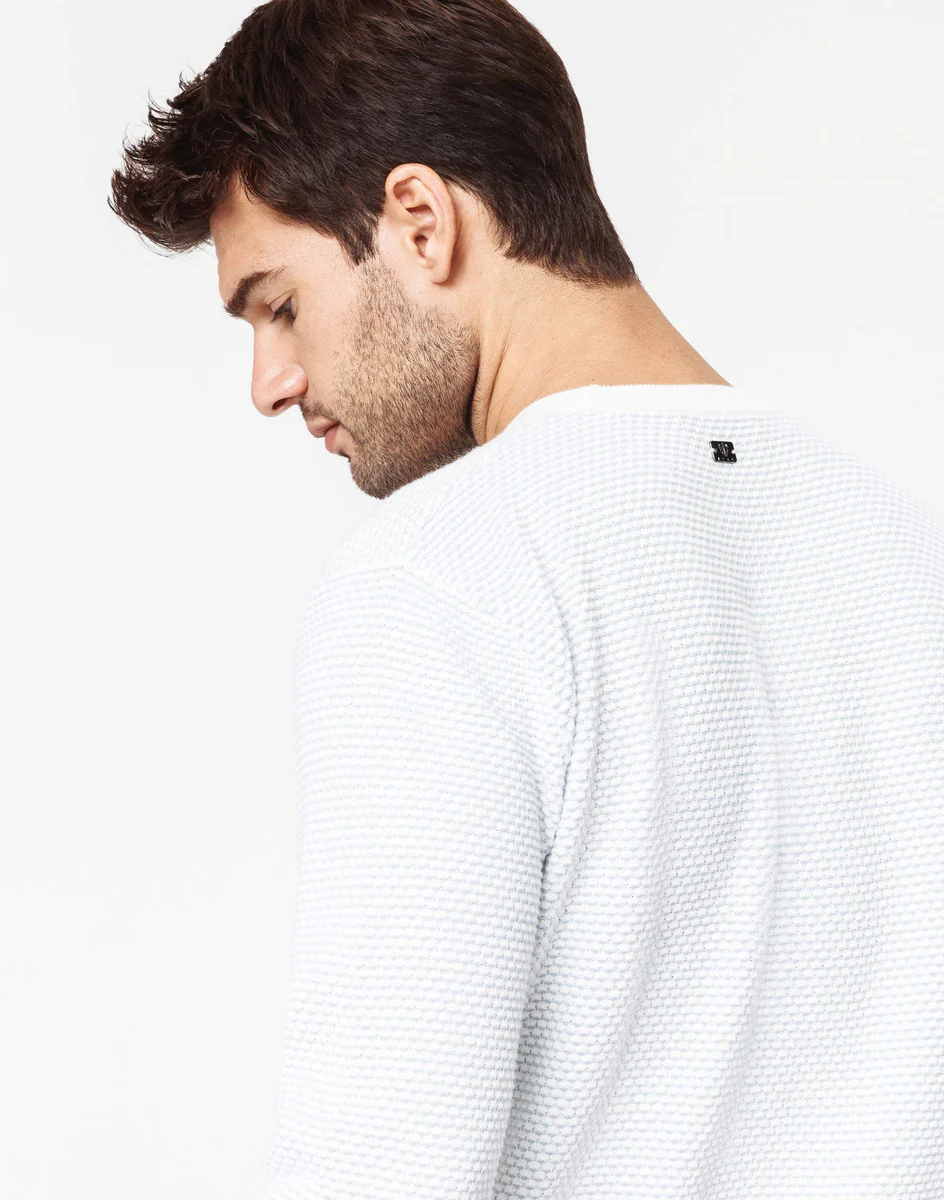 Pull col rond ciel/blanc 