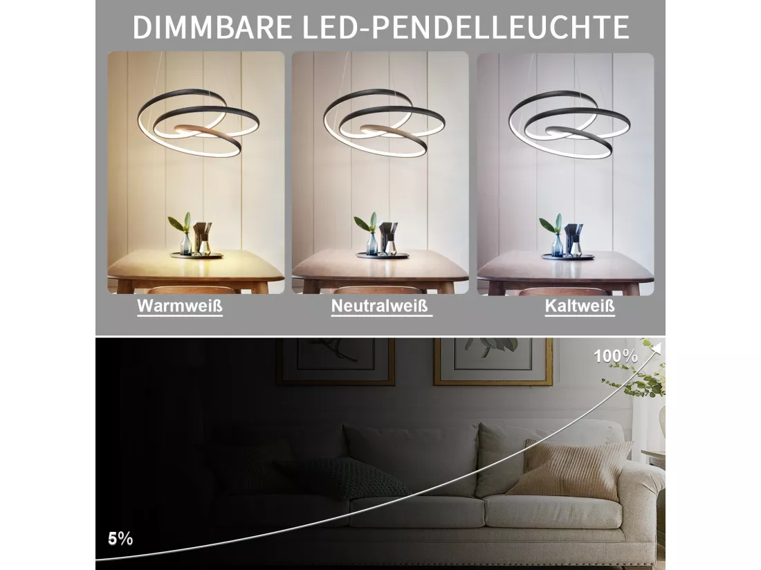 NETTLIFE Suspension LED Fer Noir Diam.24cm Dimmable 50CM Lampe à Suspension Moderne avec Télécommande Lampe de Salon 55W