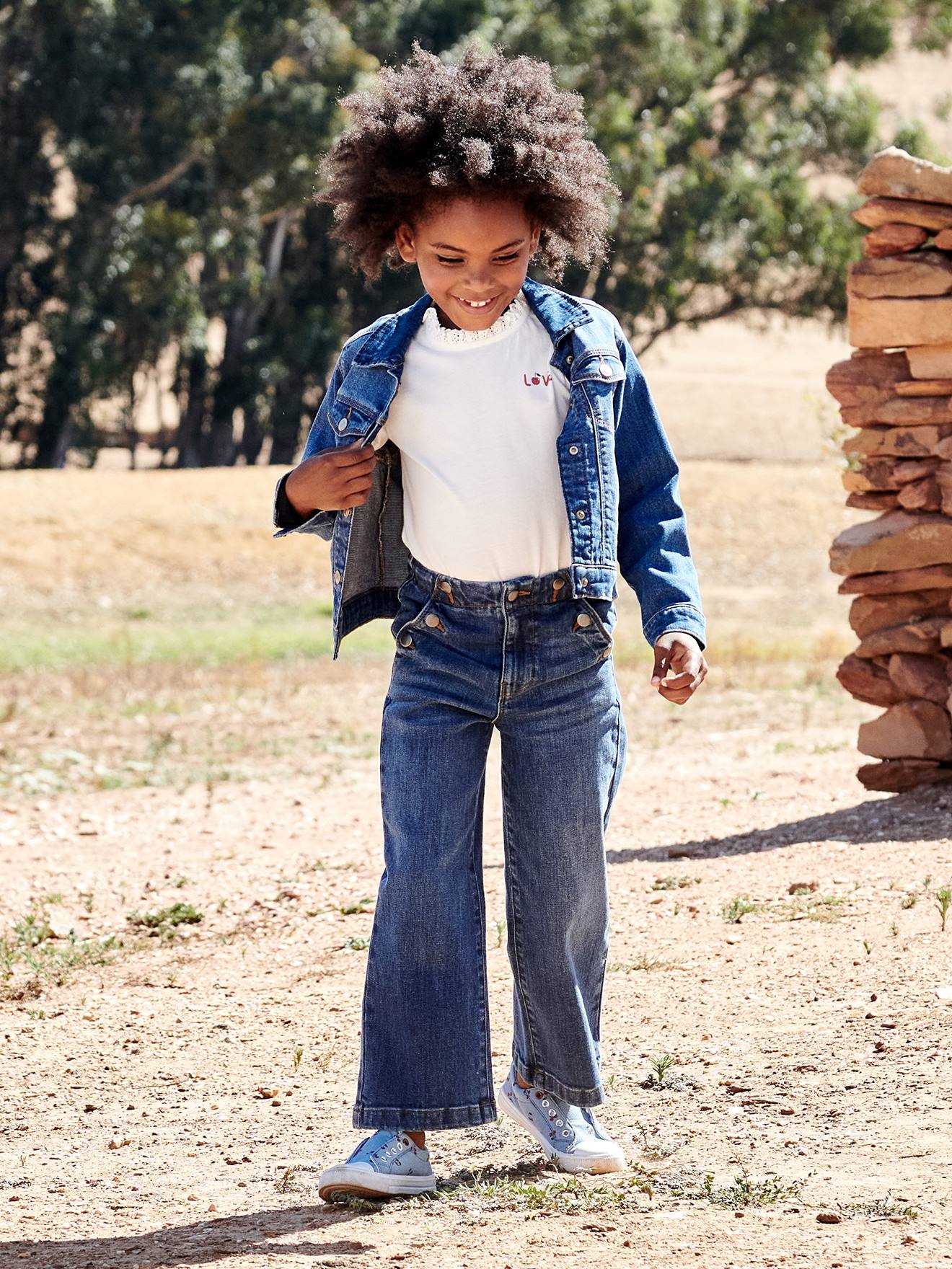 Calça jeans flare com efeito de ponte fantasia para meninas, cor pedra