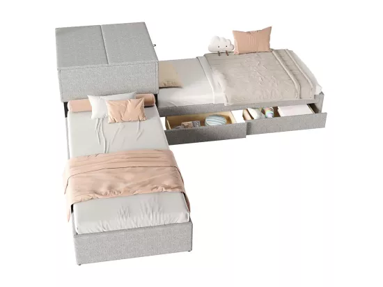 Lit gigogne 90x200 cm lit d'angle deux lits simples lit fonctionnel avec espace de rangement avec armoire et tiroir Lin Gris
