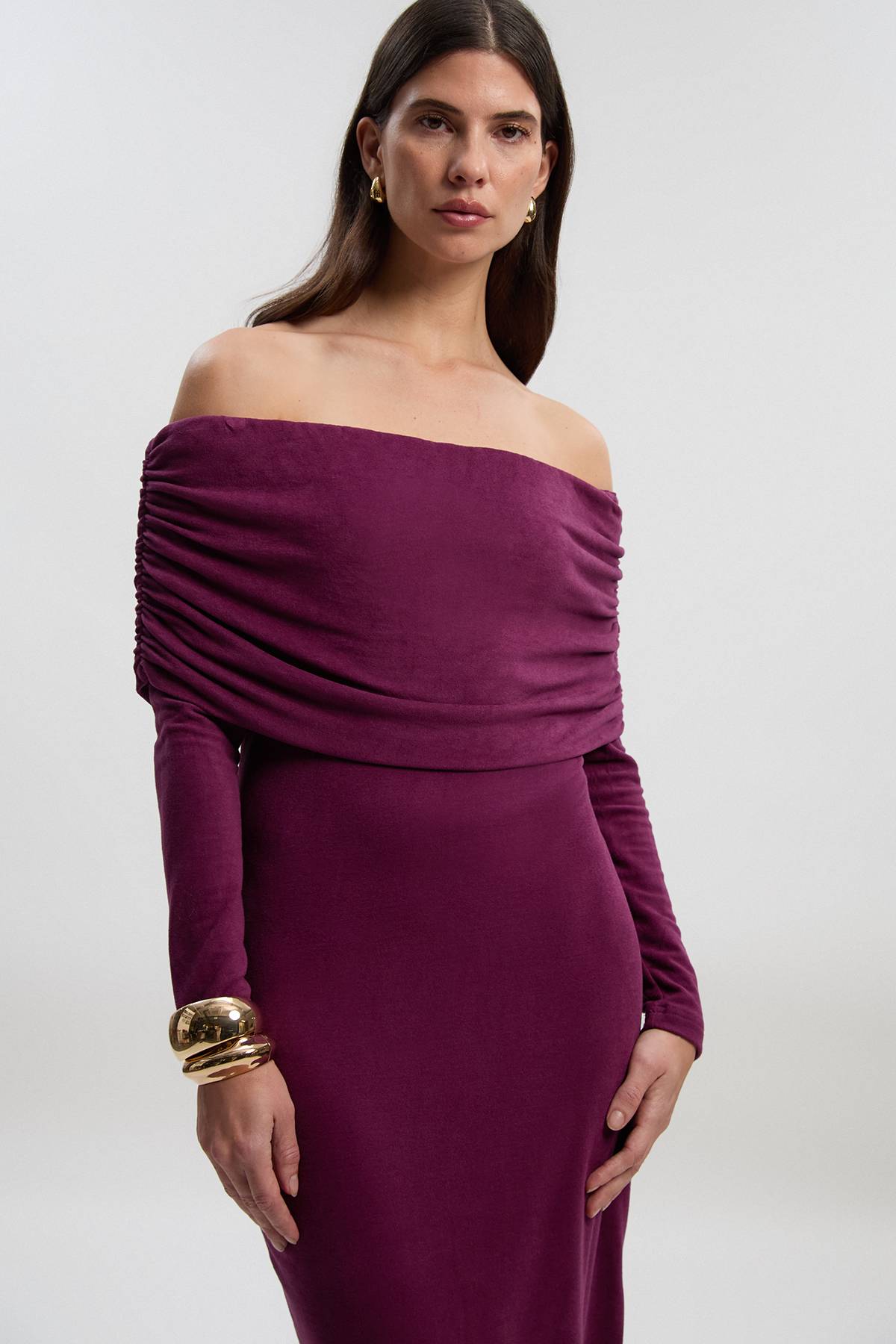 KarenMillen Robe Midi en Jersey Texturé Brossé à Épaules Dénudées